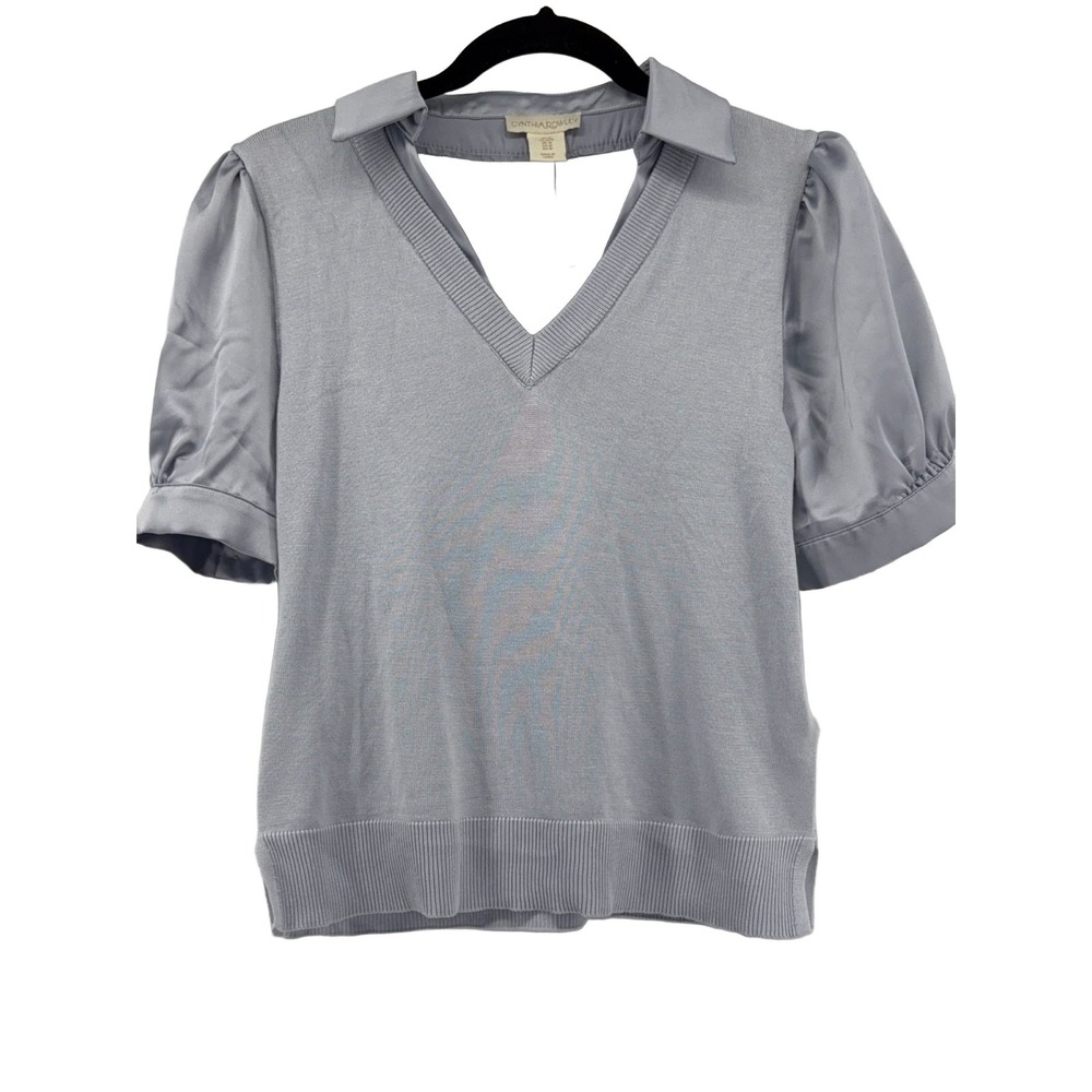 Cynthia Rowley V-Neck Sweater Top Women's Light Blue M Short Puff Sleeve Blouse